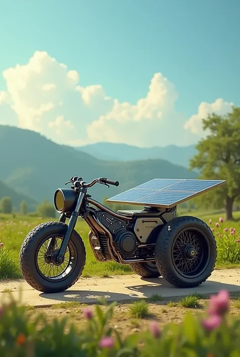 a tricycle with two solar panels one in the back between the wheels and the other in front on the front wheel