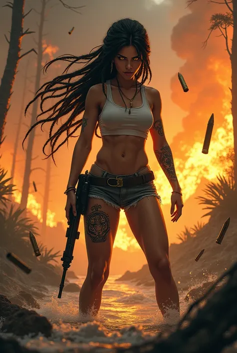 Fire in a forest with tornados of burned fire everything in their path  ) young girl long hair dreadlocks pink athletic body slim waist big breasts big nipples big buttocks hunting jungle Pointing at her prey tiny rifle shorts Fitted white tight black top ...