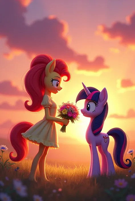 Draw Sunset Shimmer from the series Equestria Girls handing a bouquet of flowers to Twilight Sparkle in her human form