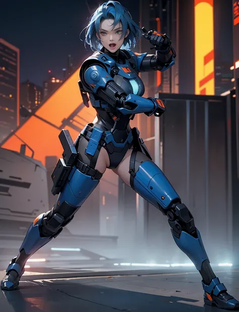 Perspective view angle with anamorphic lens, eyes on the viewer. realistic background. female cyberpunk samurai mecha in dynamic action style, North european supermodel face with bright blue hair, large breasts, slightly open mouth, wearing grey, blue and ...