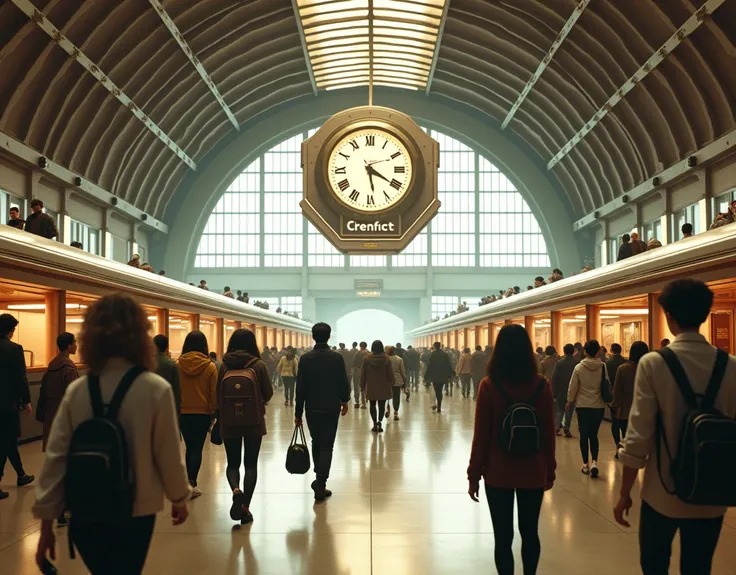 people walking in a train station with a clock hanging from the ceiling, concept art inspired by Chris LaBrooy, trending on pixiv, hyperrealism, train station background, tokyo anime scene, komatsuzaki retro-futurism, hyper detailed digital art, train stat...