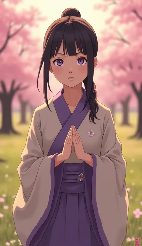 "Ultra-realistic portrayal of Millie Bobby Brown as Hinata Hyuga, wearing a soft purple and cream ninja outfit with subtle floral embroidery. Her pale lavender eyes shimmer softly, exuding kindness and determination. She stands in a serene meadow surrounde...