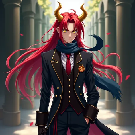 Genera un man,anime. young, long intense red hair ,man, yellow eyes, concentric circles on his pupils,golden horns,red tie,dark blue scarf,black tuxedo with tunic ,black boots with red stripes,seen from behind,