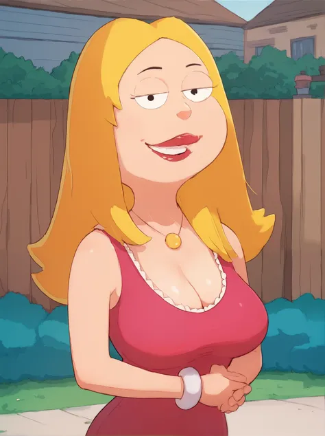 francine,flat color,  blonde hair, 1girl, long hair, white braclet, breasts, solo, necklace, cleavage, pink dress, dress, red lips, standing,looking at viewer,outdoors, upper body,   Big breasts, smile,   score_9, score_8_up, score_7_up, score_6_up, score_...