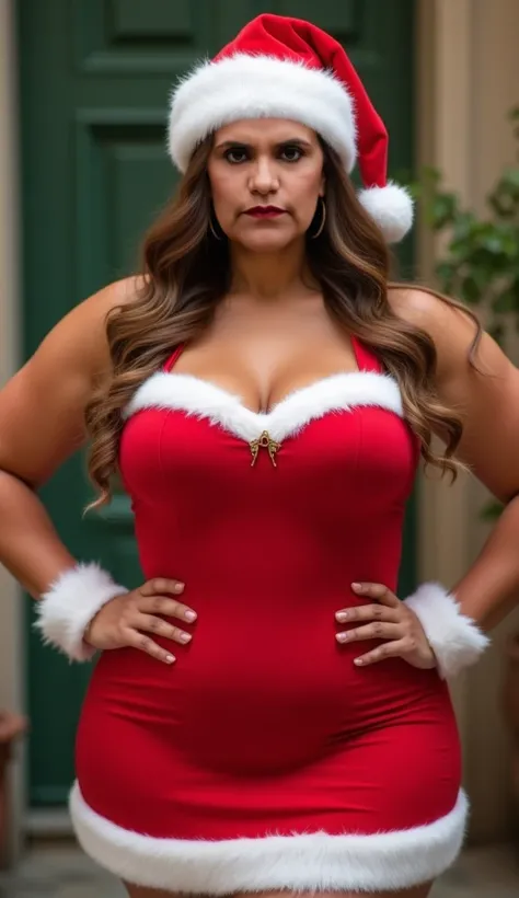 (((sexy santas helper red short dress))), ((flat abs)), ((hourglass body shape)), ((poker face)), ((slightly overwheigth)), ((triangle-shaped head)), (A beautiful 50 years old Mexican woman), (big rounded ass), (full body shot photography), (full-figured),...