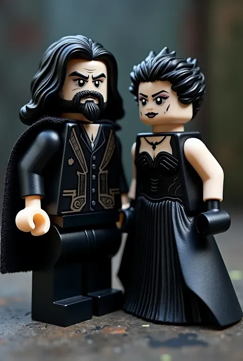 Legos for men with black beards and shoulder-length hair.  next to LEGO for women with a pixie-style haircut. dark gothic clothing 