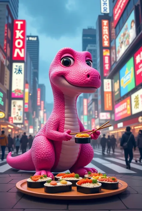 Create a picture of a pink dinosaur sitting eating sushi in Shibuya City, see and feel fun