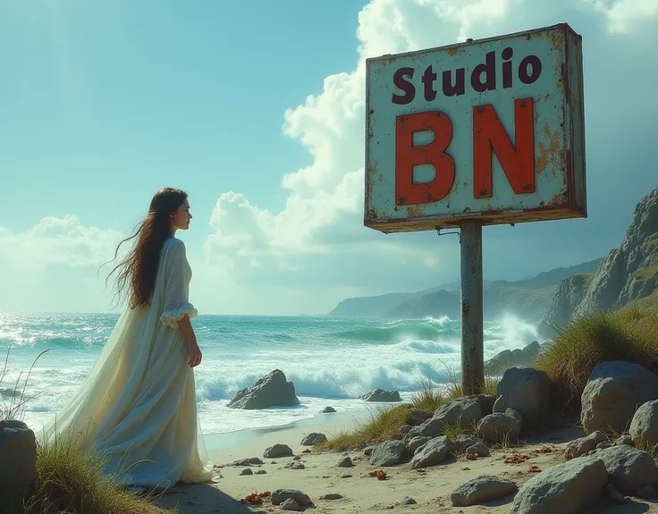 Gas station sign called Studio BN thrown on the sea coast and Goddess of the Magic of the Sea looking at the sign 