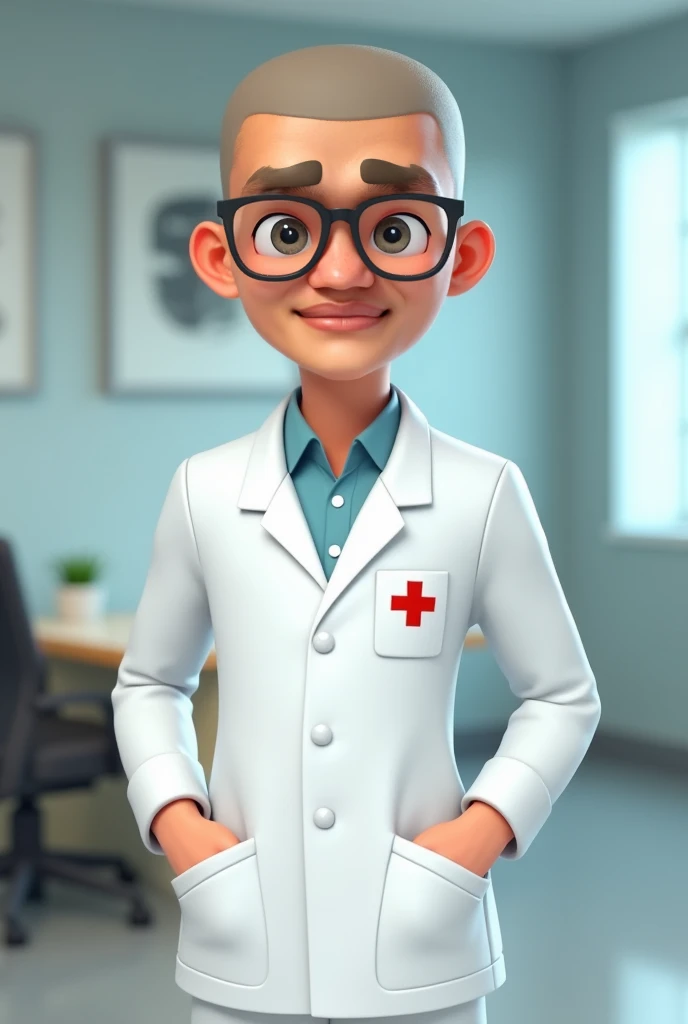 Create an animated young male AI character inspired by medical personnel wearing a white uniform with a medical emblem. The character is designed with a calm and intelligent personality, wearing glasses and a neatly shaved head. The background may include ...