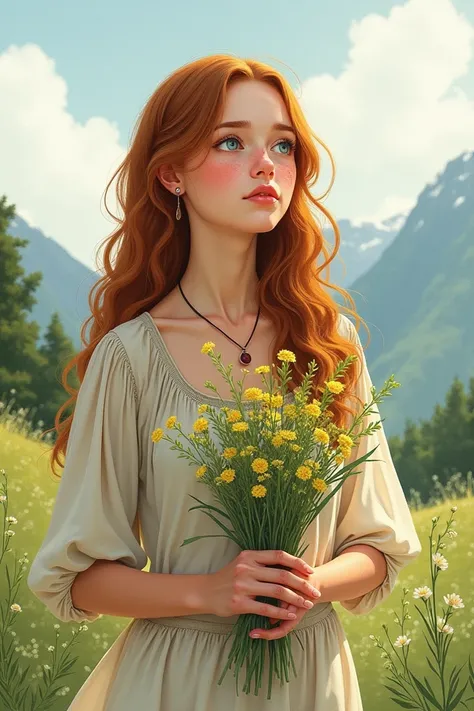 Make a watercolor image of a young woman with long, wavy caramel-colored hair, white skin and freckles on her nose, with big round and light blue eyes dressed in a simple long dress looking into the distance melancholically with a bouquet of herbs in her h...