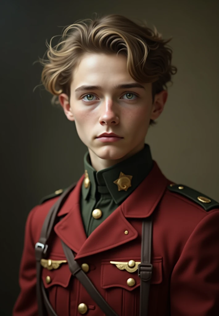 young teen handsome Male soldier during ww1, looks out of a movie, with brown messy hair and light green eyes. No helmet or hat, just in green uniform.