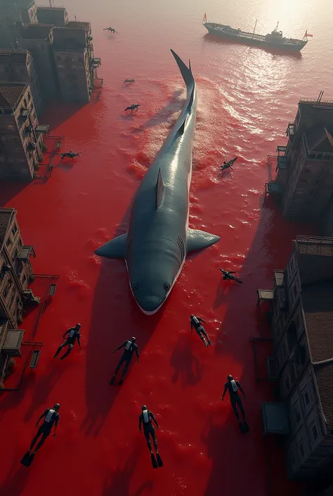 Shark bait movie, UHD 8K Realistic Some Divers Are Attacked By A Huge Fierce Shark And It Looks To Be On Prey And Some Others Are Swimming Fast While Swimming In The Middle Of The City Drowning The Sea The Ship Is Broken And Blood Red Coloring The Sea The ...