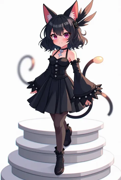 An anime-style illustration of a Roblox Female character with black hair and mischevious cat girl face and a black art deco feather and a black sleeve with black bustles dress and a white and black cross necklace and a white skin and a black sleeve and sta...