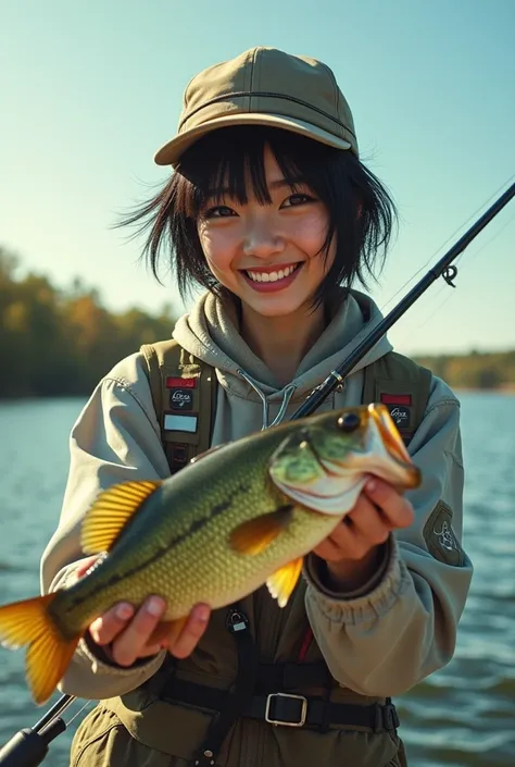   An energetic Japanese beauty doing bass fishing   ,    is wearing disheveled, short black hair fishing wear 、 has a bright smile radiating joy She is wearing a cap and a fishing rod with a bait casting reel in her right hand     ,     is catching a large...