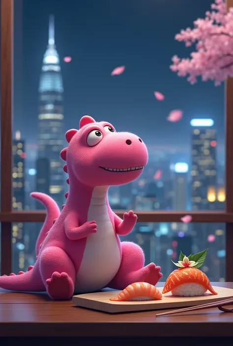 Create a picture of a pink dinosaur sitting eating sushi in Tokyo, Japan, at night in an elegant city, look and feel relaxed