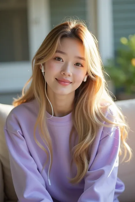  beren Turkish date ,  long Korean blonde hair with brown 12 ,Flat long  ,  full mouth gloss . arched eyebrow,  she is wearing a light purple sweatshirt hair behind her ear ,  using an Apple Airpod headset she is sitting on the couch on the porch the sun i...