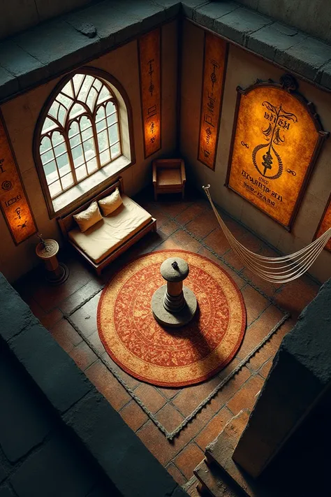 An aerial view of a bedroom based on a potions room the bed on one side of the room with a pedestal in the center. A hammock hanging off to the side opposite of the bed, the walls lined with strange runes that glow