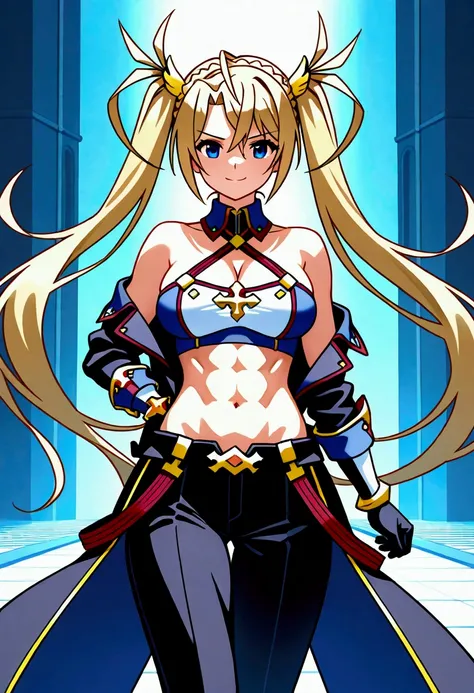 long pants, grinning, off shoulder, black suit, long gloves,bradamante, blonde hair, blue eyes, braid, french braid, long hair, twintails, two side up,abs, solo, 1girl 