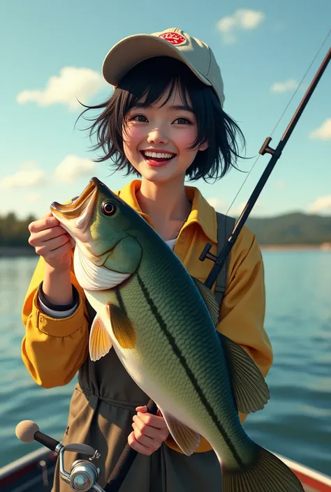   An energetic Japanese beauty doing bass fishing   ,    is wearing disheveled, short black hair fishing wear 、 has a bright smile radiating joy She is wearing a cap and a fishing rod with a bait casting reel in her right hand     ,     is catching a large...