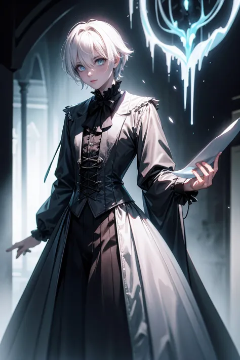 1 man, GHOST, ghostly, MALE, FEMBOY, solo androgynous male, soft delicate features, male, beautiful femboy, fully clothed in victorian boy clothes, black loose shorts, big penis bulge in shorts, white blouse blushing, flowy white hair, uneven bangs over on...