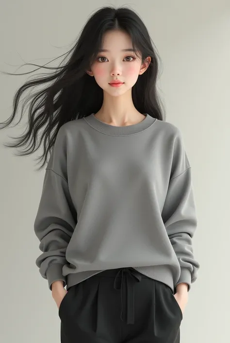  she has long hair 、Her face is round 、 and her eyes arent big、 her mouth isnt big 、A beautiful naked Japanese girl who is short 、nose lowered、 small ears 。
she is wearing Gray sweater and black pants.

