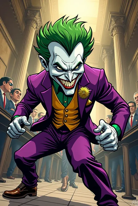 Comic-style cartoon of the Joker robbing a Bank