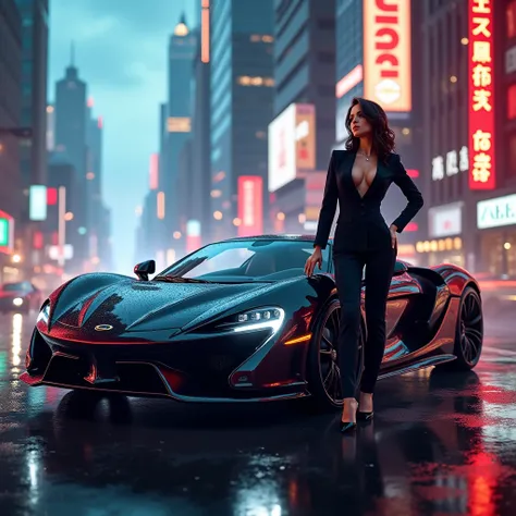 sports car, Career woman, The background is a city, Each outfit is different,  as sexy as possible