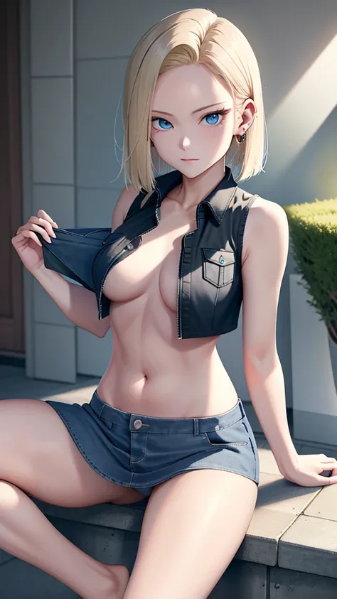 de primera calidad,  High resolution, 18 with, 1 girl in, Android 18, Alone, blonde hair, e Blue Eyes,  detailed short hair , Ear nipple ring, joya, denim vest, [ open jacket,Sitting on a high chest、 Erect knees and open legs 、Condescend with you 、You can ...