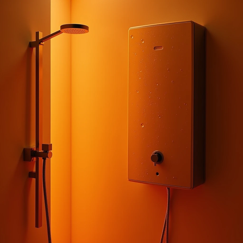 A dramatic, high-contrast cinematic photograph of a sleek, modern hot water tank suspended from a minimalist orange bathroom wall, beside a luxurious gold shower wall set, with subtle water droplets glistening on its surface, against a subtle gradient of w...