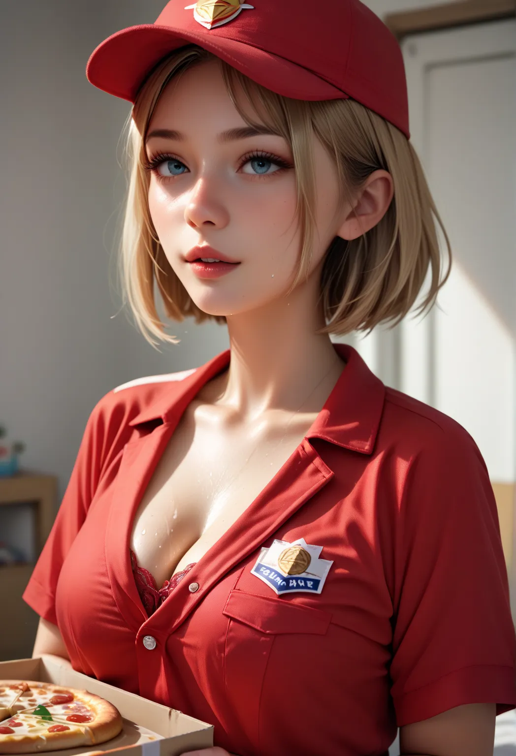  software ,  one young girl who cant see the stars, Alone,  high definition , 超 high definition ,  beautiful face, Hunchback,  bob cut, Modest breasts, Beautiful breasts, Ecstatic expression, ((Ecstatic expression)),  medium shot , Pizza delivery man,deliv...