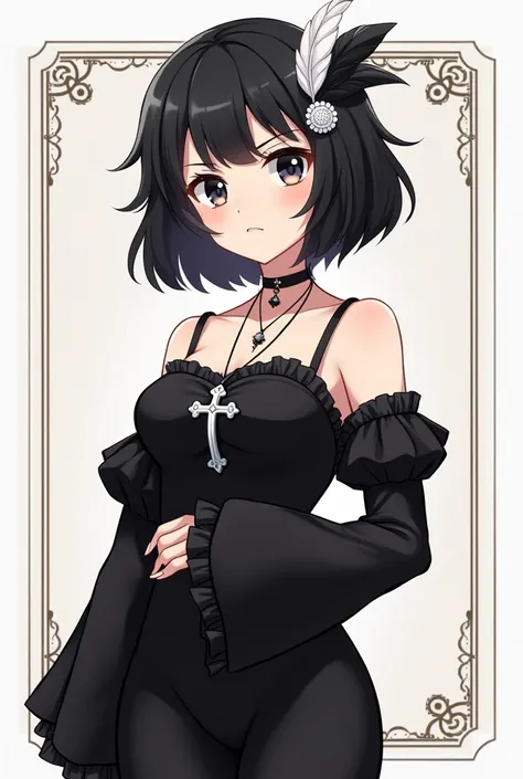 An anime-style illustration of a Roblox Female character with black hair and a black eyes with mischevious face and a black art deco feather and a black sleeve with black bustles dress and a white and black cross necklace and a white skin and a black sleev...