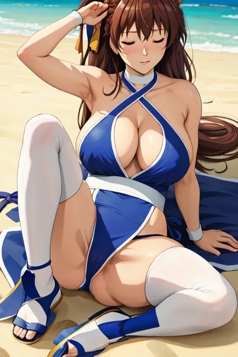 masterpiece, best quality, beautiful art, high resolution, well formed hands, body and fingers, 1 woman, solo, Haruhi Suzumiya, 31 years old, adult, grown up, large and big breasted, cleavage,  full body, braided long hair, blue_japanese_clothes, wearing D...