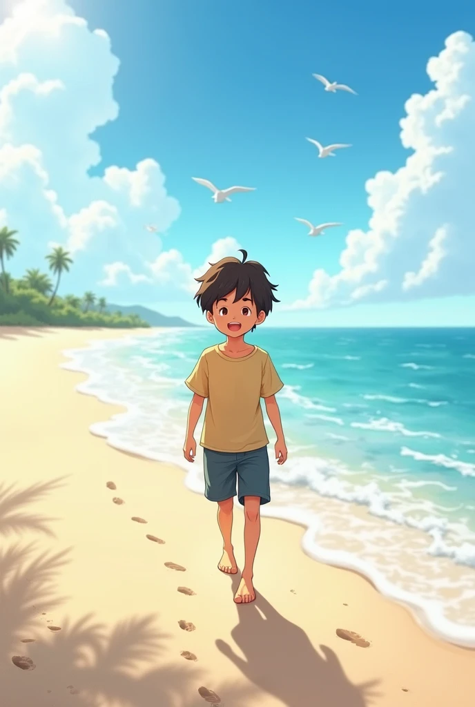 Create a virtual image of a short-haired boy happily walking on the beach in the morning.