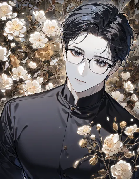 (nonsense,  highres icon,  ultra fine , HDR)  exquisite pieces ,  Blue Crepe Fabric,  perfect face ,  delicate look, Han Yuhyun ,  Messy Black Hair , Short hair, a little long ,  black eyes showing emotion , with glasses,Slightly tanned white skin ,  class...