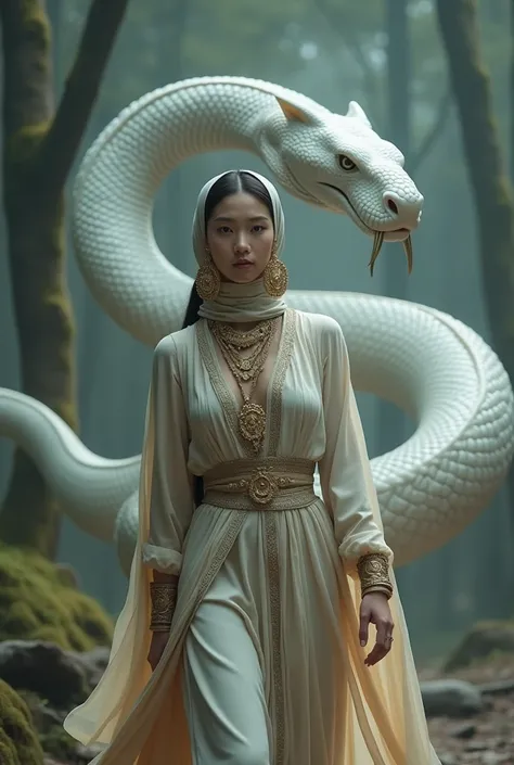 18 year old Asian girl, คนจริง, full model look. A mystical scene featuring a regal woman in traditional attire, walking forward with a large and majestic mystical white Snake behind her. flowing garments with intricate drapes in soft, earthy colors that m...