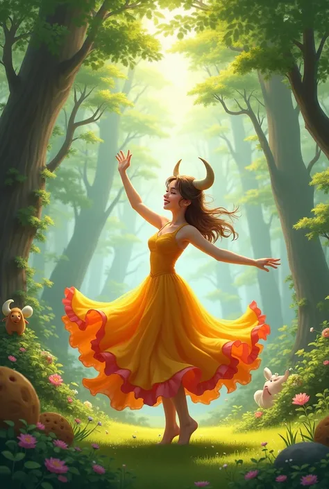 The princess is dancing the moo in the forest slowly in a fun way