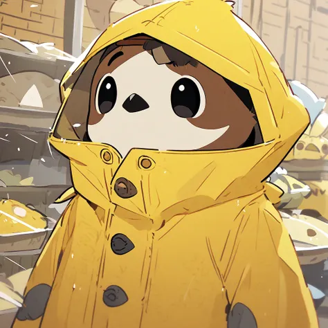 sparrow wearing a yellow raincoat