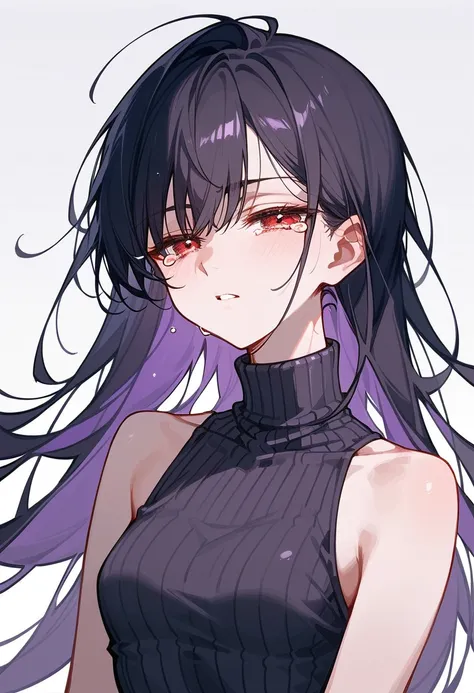 Artwork,, back view, single woman, alone, light black hair, long hair, sharp bangs, red eyes, half-closed eyes, frowning lips, sad eyebrow, expressionless, pale skin, small breasts, sleeveless turtleneck, dark purple, cheerful colors, tears, crying sadly, ...