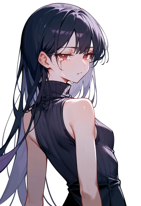 Artwork,, back view, single woman, alone, light black hair, long hair, sharp bangs, red eyes, half-closed eyes, frowning lips, sad eyebrow, expressionless, pale skin, small breasts, sleeveless turtleneck, dark purple, cheerful colors, tears, crying sadly, ...