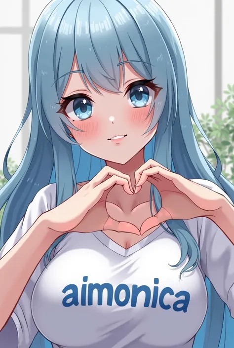 generate a extremely cute but also youthful sexy waifu character with long light blue hair big blue eyes and big breasts and a white shirt and the shirt says Aimonica in blue text, make it less cartoony and more like an anime have here hold a bubble tea

