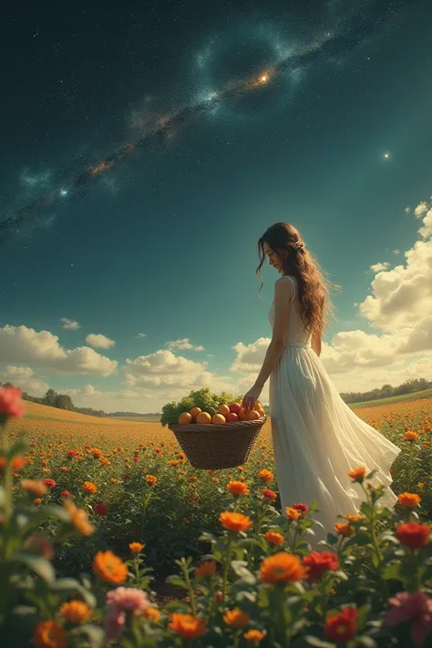 A beautiful woman harvesting fruits and vegetables in a flowery field with the universe in the background 