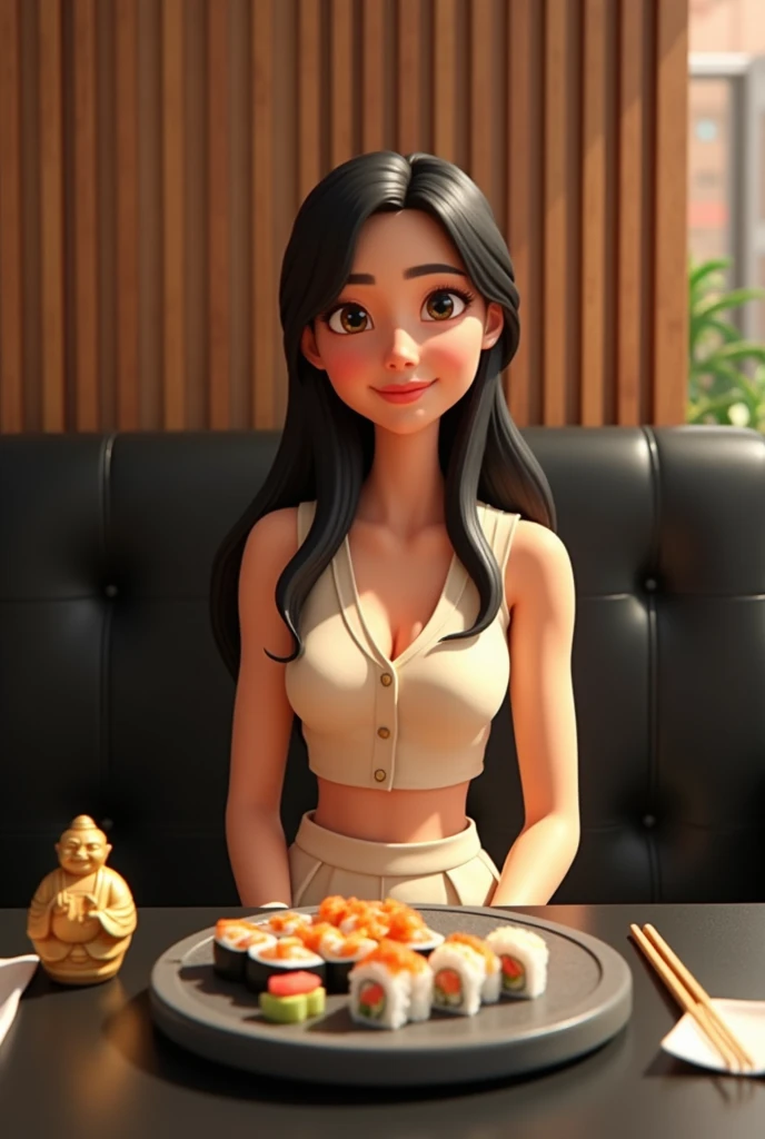 Woman 30 years, long straight black hair, wearing creme short sleeveless buttoned vest and creme long loose trousers with white sneakers. At Sushi restaurant with wood slat paneling in walls, black rectangular tables, sitting on black leather upholstered b...