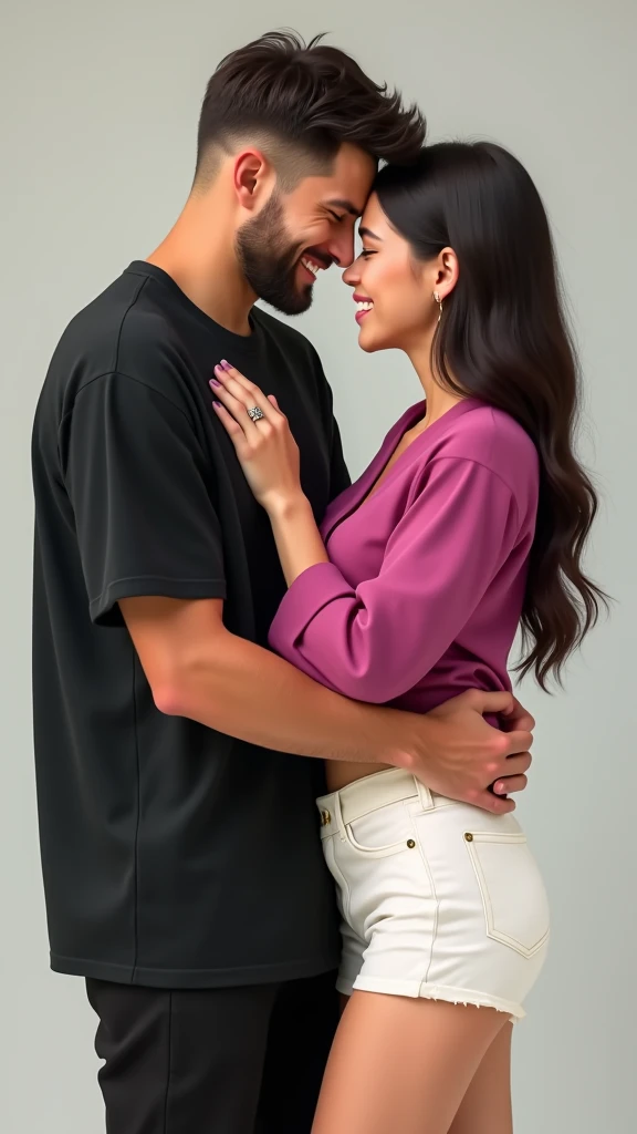 Man dressed in oversized black t-shirt and black pants hugging behind the waist a girl with white skin and straight hair dressed in a fuchsia blouse and short white shorts happy 