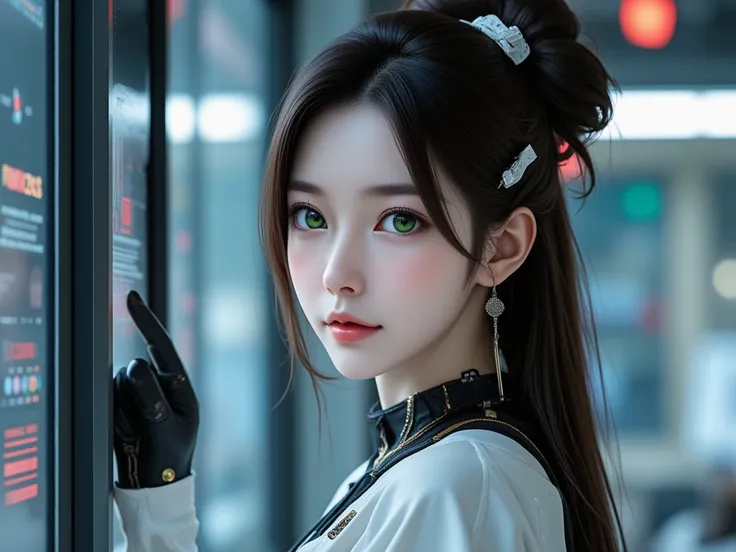 Photography fullbody random poses, (Beautiful Female Japanese face, (green puri eye)), (Beautiful cup-A small chests), (white pale skin and athletic physique body), (wearing cyberware accessories ears and fingers), (wearing pretty modern dress, very long t...