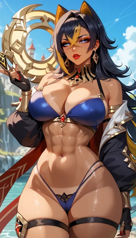  perfect eyes、 Perfectly Sexy Face Swimsuit、 ultra detailed、ultra perfect eyes、with sky blue feline eyes with yellow pupils、Dehya、Genshin Impact、shiny hair、( Big breasts ), showing cleavage、Tight Waist、 thin waist 、 Thigh straps 、 glowing skin、 tanned skin...