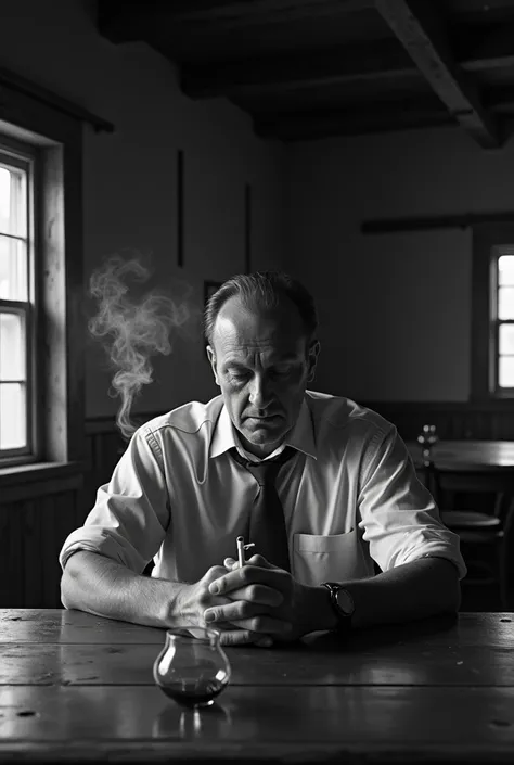 Man smoking in a wooden dining room black and white image 