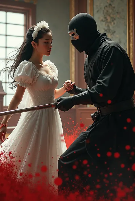 Hight resolution, Hight quality, realistic, very beautiful maid, maid kill ninja, ninja dead, cut throat A ninja neck bloody splash, maid has very white skin, ninja full face mask