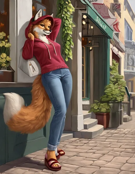  depicting a fluffy fox girl on a city street {x} Oil painting on a city street canvas by artist Daniel Ridgway Knight,  in full accordance with Daniel Ridgway Knights style ., Very fashionable,  stylishly dressed , street-style clothing , wide jeans,  hoo...