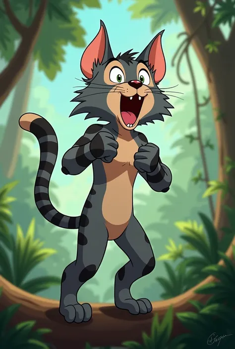 With 2d animation ,  A young male cat boy ,  furr  , Osea on two legs   ,  the cat Is naked in the jungle  ,  On top of a tree branch  ,   screaming like Tarzan  ,  while shouting  ,  the cat is hitting its chest with both arms , with its fists on its ches...