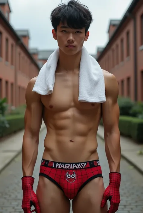 Handsome and sexy Chinese Teenageer, teen, young, boy, shirtless, Towel around the neck, Spiderman underwear open on one side and showing his sixpack abs, muscular, sixpack, young, front view, Korean idol, biceps and triceps, Spiderman gloves, photo realis...